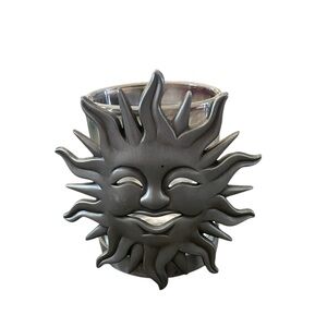 Pewter Smiling Sun Tea Light Holder With Glass Votive Holder 3” H